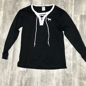 PINK Black lace up longsleeve top